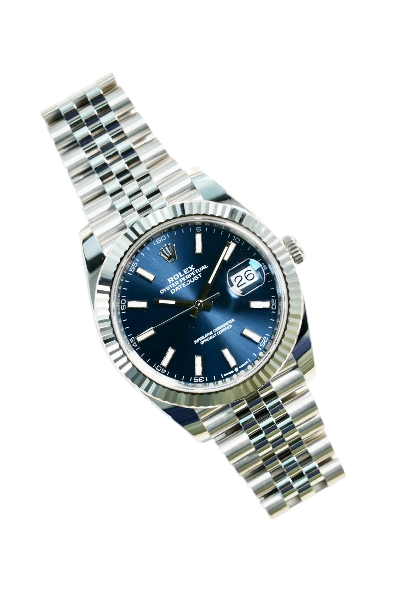 2025 ROLEX DATE JUST 41MM BLUE INDEX FLUTED JUBILEE STEEL126334