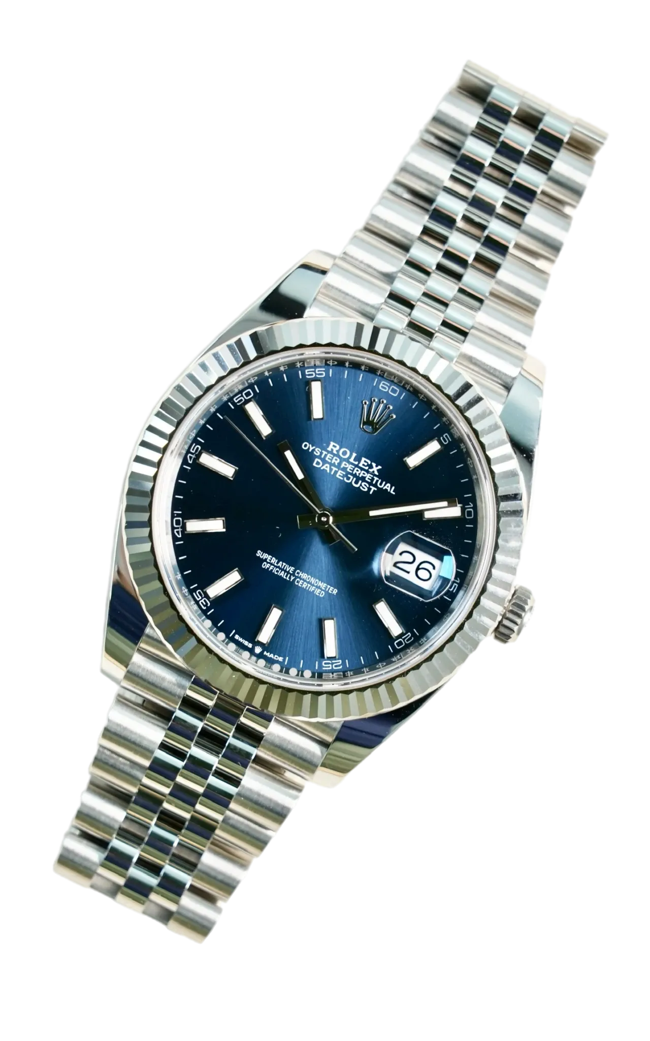2025 ROLEX DATE JUST 41MM BLUE INDEX FLUTED JUBILEE STEEL126334